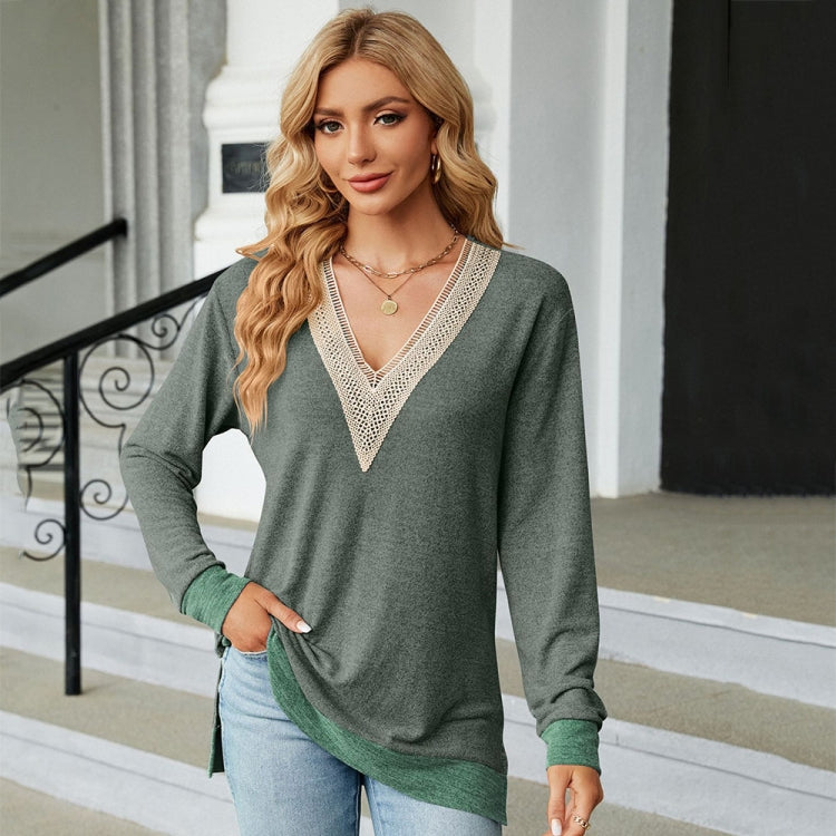 Autumn Winter Hollow Lace V-neck Color-blocked Split Loose Long-sleeved T-shirt, Size: XL