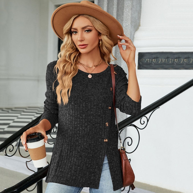 Autumn And Winter Round Neck Button Split Loose Long-Sleeved T-Shirt Top, Size: M