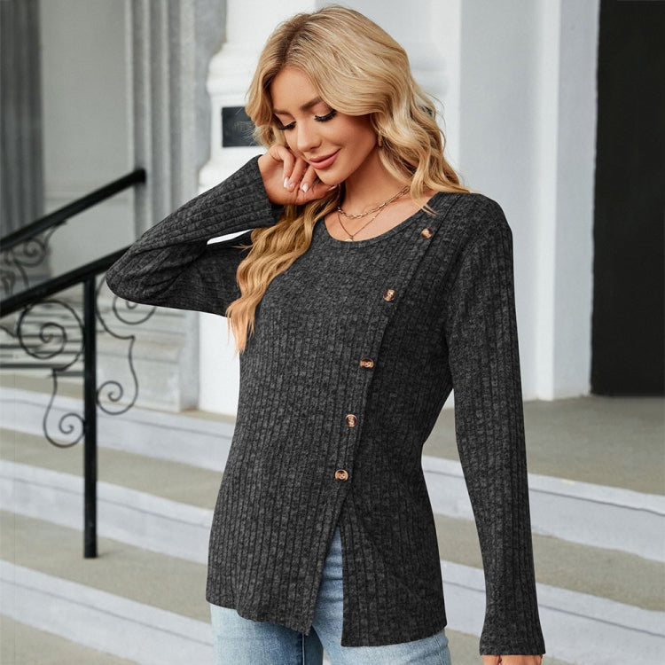 Autumn And Winter Round Neck Button Split Loose Long-Sleeved T-Shirt Top, Size: M