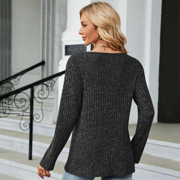 Autumn And Winter Round Neck Button Split Loose Long-Sleeved T-Shirt Top, Size: M
