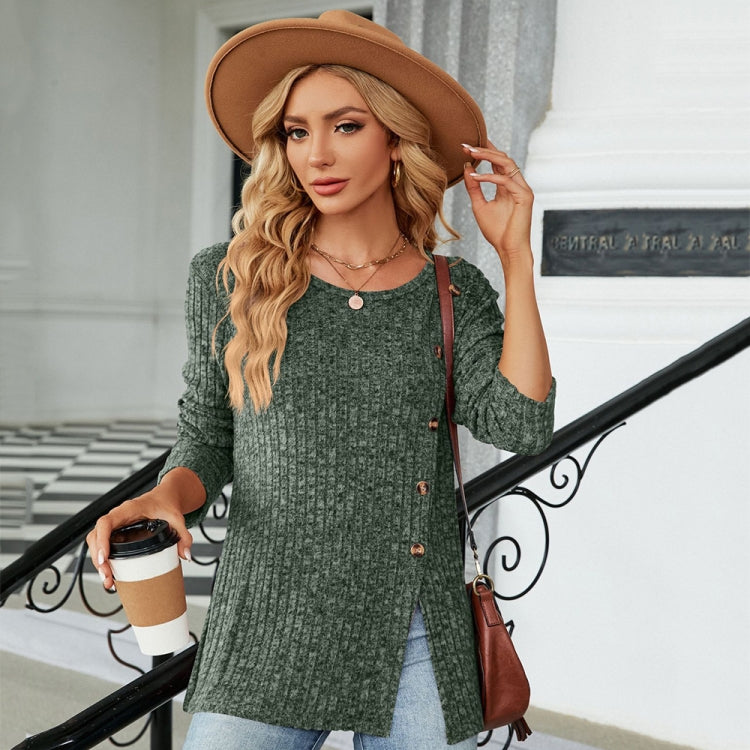 Autumn And Winter Round Neck Button Split Loose Long-Sleeved T-Shirt Top, Size: M