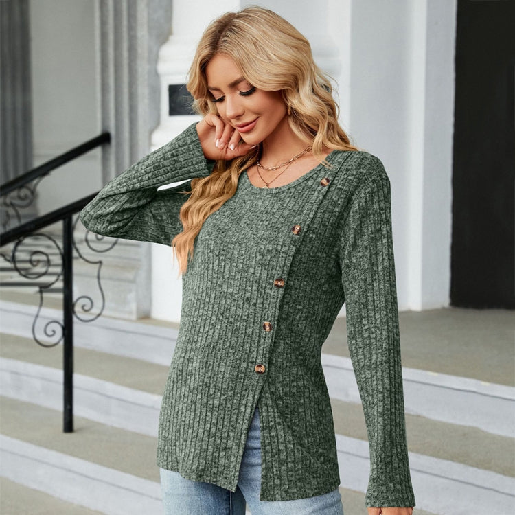 Autumn And Winter Round Neck Button Split Loose Long-Sleeved T-Shirt Top, Size: M