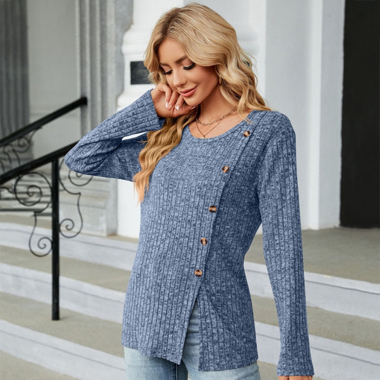 Autumn And Winter Round Neck Button Split Loose Long-Sleeved T-Shirt Top, Size: M