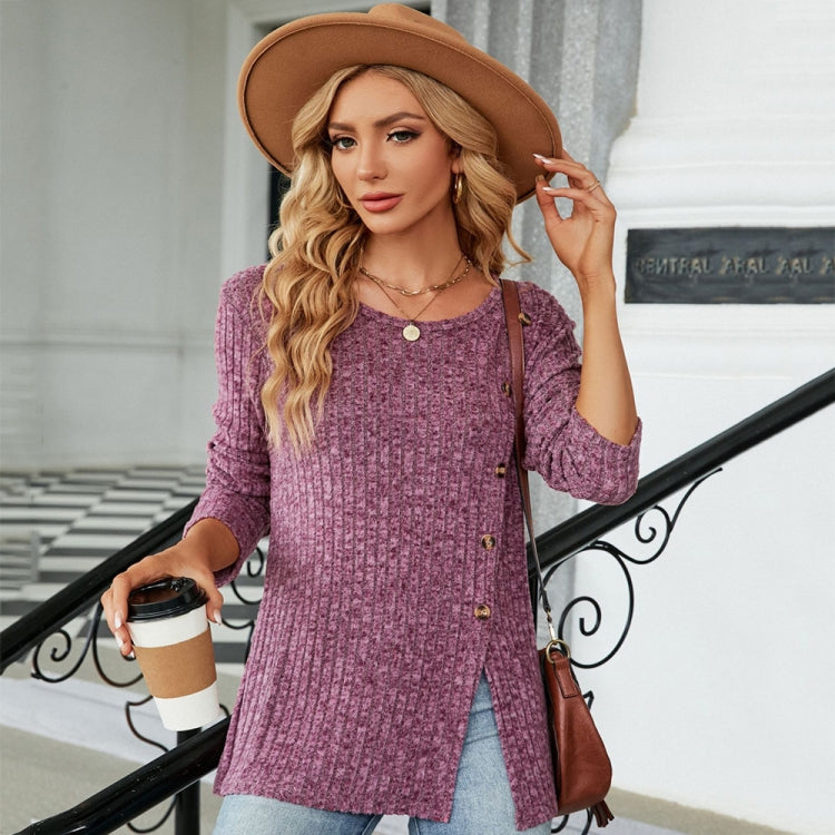 Autumn And Winter Round Neck Button Split Loose Long-Sleeved T-Shirt Top, Size: M