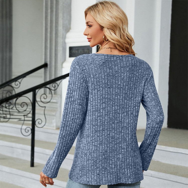 Autumn And Winter Round Neck Button Split Loose Long-Sleeved T-Shirt Top, Size: L