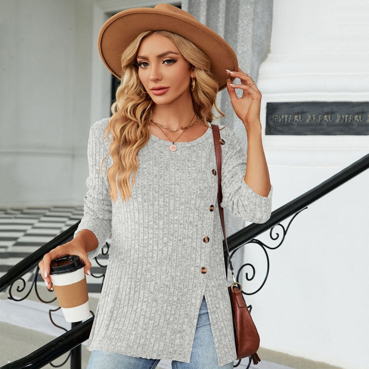 Autumn And Winter Round Neck Button Split Loose Long-Sleeved T-Shirt Top, Size: L