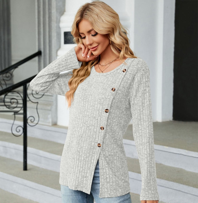 Autumn And Winter Round Neck Button Split Loose Long-Sleeved T-Shirt Top, Size: L