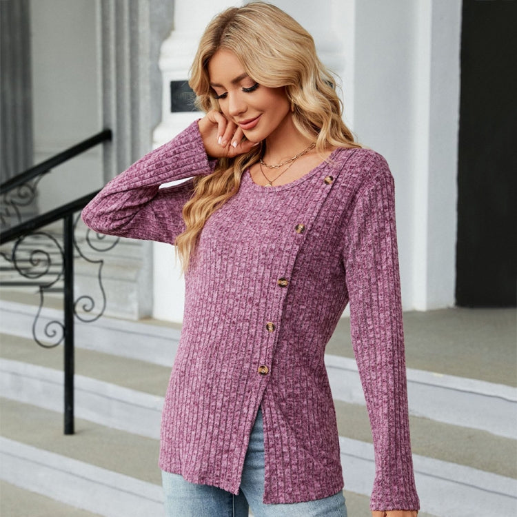 Autumn And Winter Round Neck Button Split Loose Long-Sleeved T-Shirt Top, Size: L