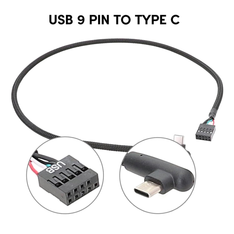 60cm Motherboard USB 9Pin To Type-C Elbow Data Cable Braided Network Cable - Black
