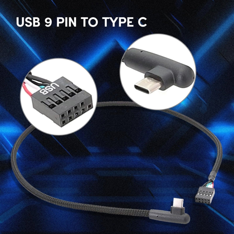 60cm Motherboard USB 9Pin To Type-C Elbow Data Cable Braided Network Cable - Black