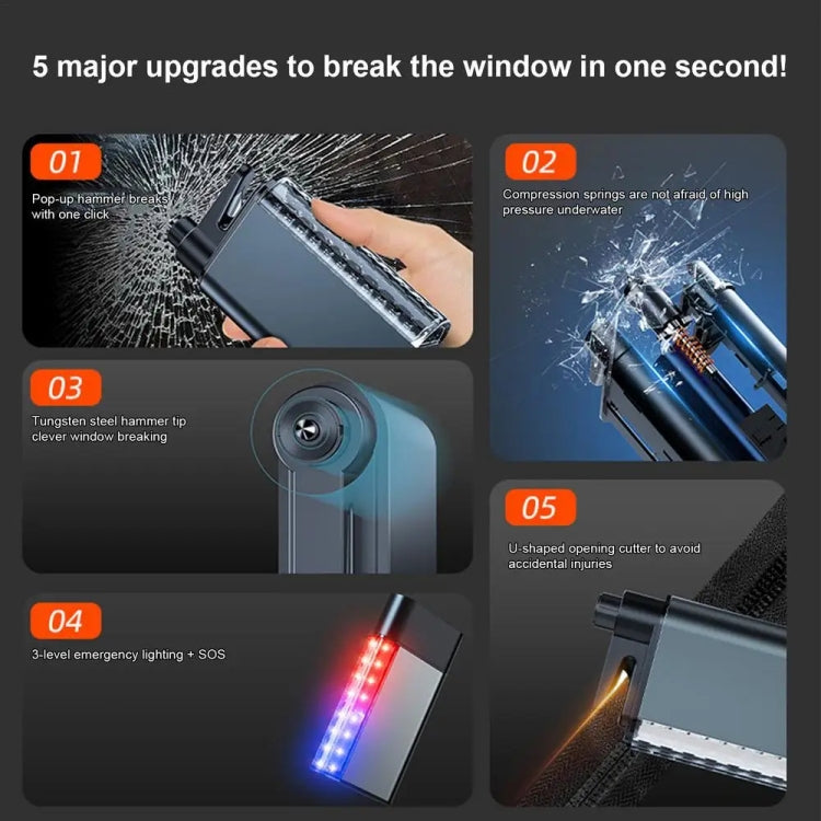 3 In 1 Car Safety Hammer Flashlight Emergency Light With Alarm - Black