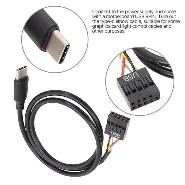 50cm Motherboard USB 9Pin To Type-C Straight Data Double Shielded Cable - Black