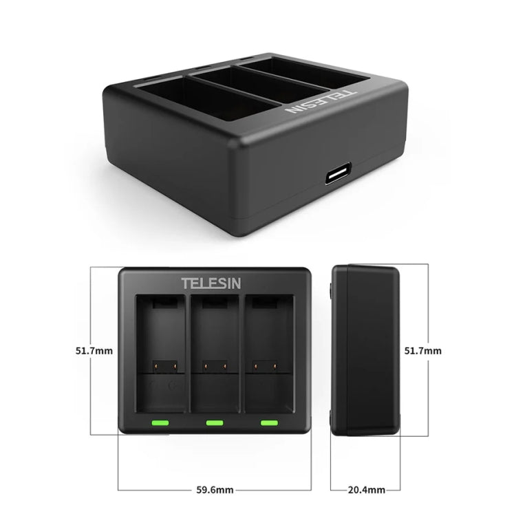 TELESIN GP-BCG-902 Battery 3 Slots Charger For GoPro HERO12 Black / HERO11 Black / HERO10 Black / HERO9 Black