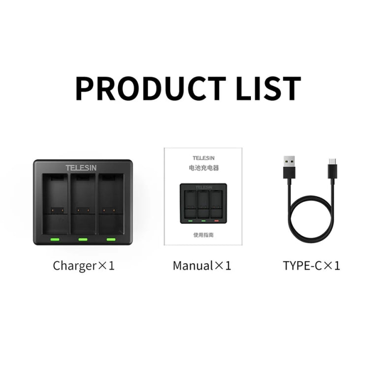 TELESIN GP-BCG-902 Battery 3 Slots Charger For GoPro HERO12 Black / HERO11 Black / HERO10 Black / HERO9 Black