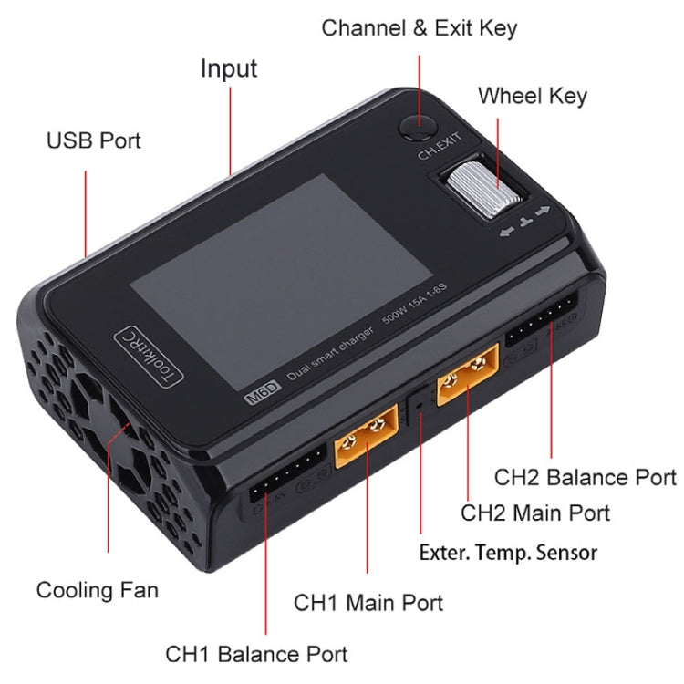 ToolkitRC M6D 500W Toy Airplane Dual Channel Li-Po Battery Balance Charger - Black