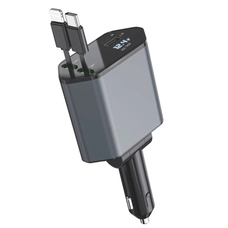4-In-1 120W Multifunctional USB Retractable Dual-Line Digital Display Car Fast Charger - 8 Pin + Type-C