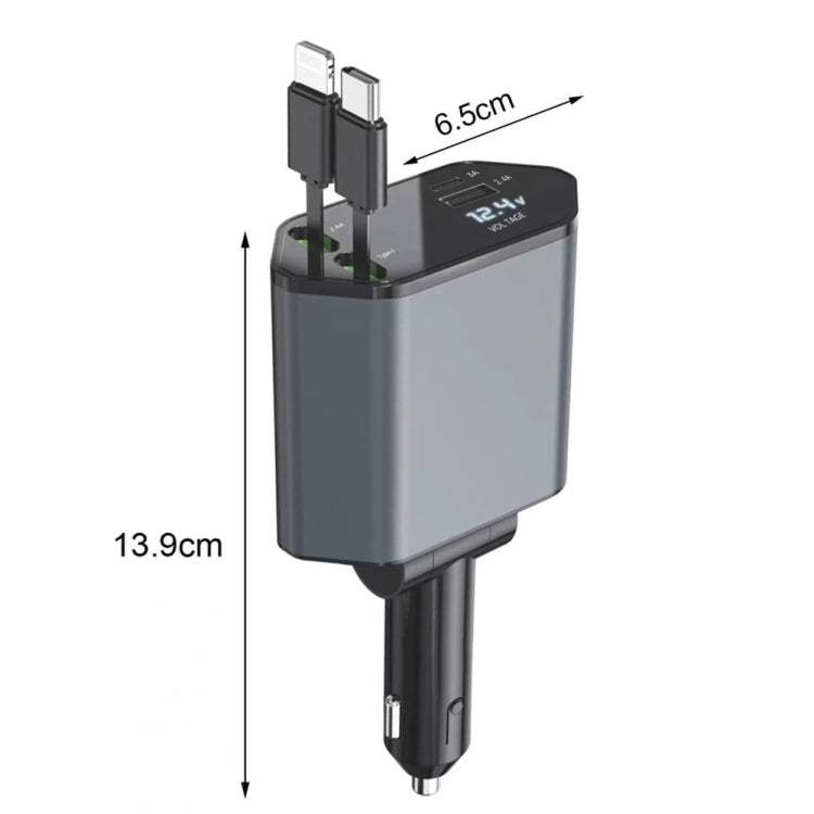 4-In-1 120W Multifunctional USB Retractable Dual-Line Digital Display Car Fast Charger - 8 Pin + Type-C