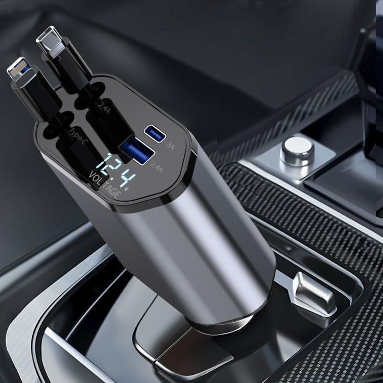 4-In-1 120W Multifunctional USB Retractable Dual-Line Digital Display Car Fast Charger - 8 Pin + Type-C