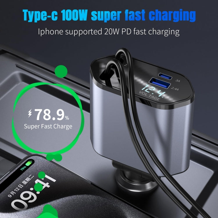 4-In-1 120W Multifunctional USB Retractable Dual-Line Digital Display Car Fast Charger - 8 Pin + Type-C