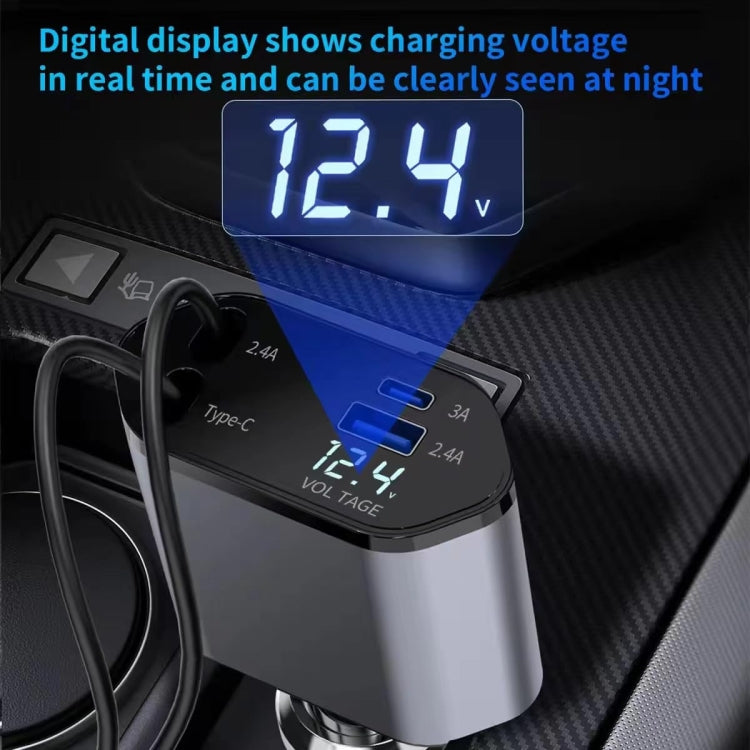 4-In-1 120W Multifunctional USB Retractable Dual-Line Digital Display Car Fast Charger - 8 Pin + Type-C