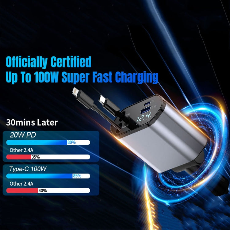 4-In-1 120W Multifunctional USB Retractable Dual-Line Digital Display Car Fast Charger - 8 Pin + Type-C