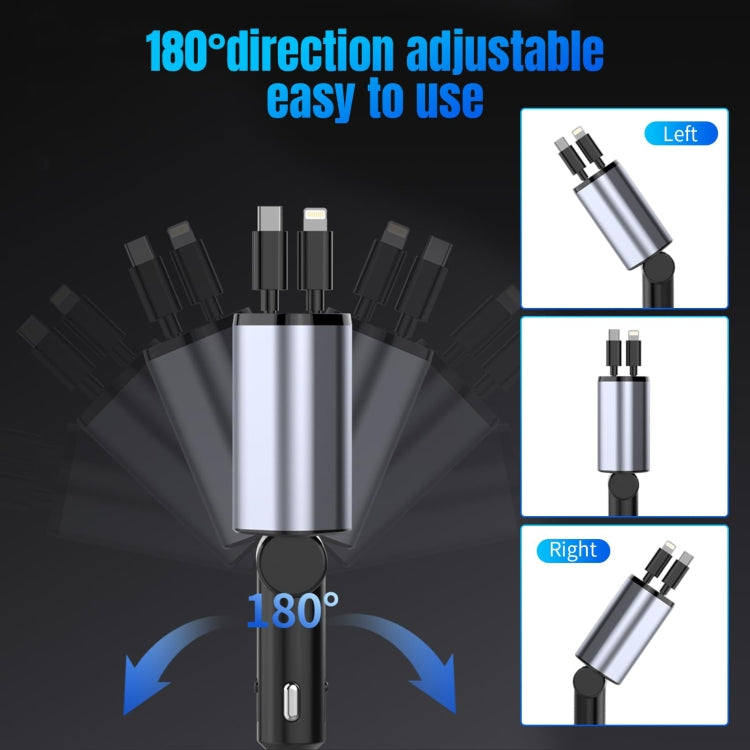 4-In-1 120W Multifunctional USB Retractable Dual-Line Digital Display Car Fast Charger - 8 Pin + Type-C
