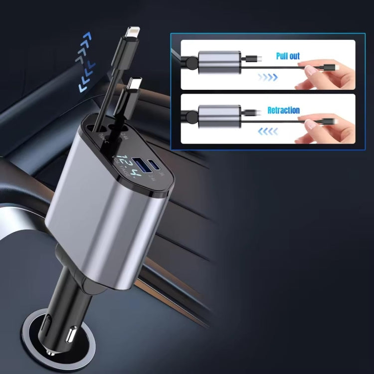 4-In-1 120W Multifunctional USB Retractable Dual-Line Digital Display Car Fast Charger - 8 Pin + Type-C