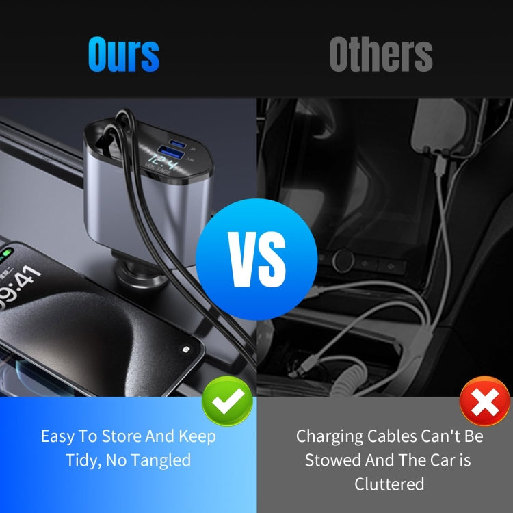 4-In-1 120W Multifunctional USB Retractable Dual-Line Digital Display Car Fast Charger - 8 Pin + Type-C