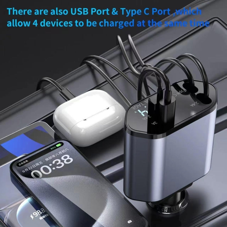 4-In-1 120W Multifunctional USB Retractable Dual-Line Digital Display Car Fast Charger - 8 Pin + Type-C