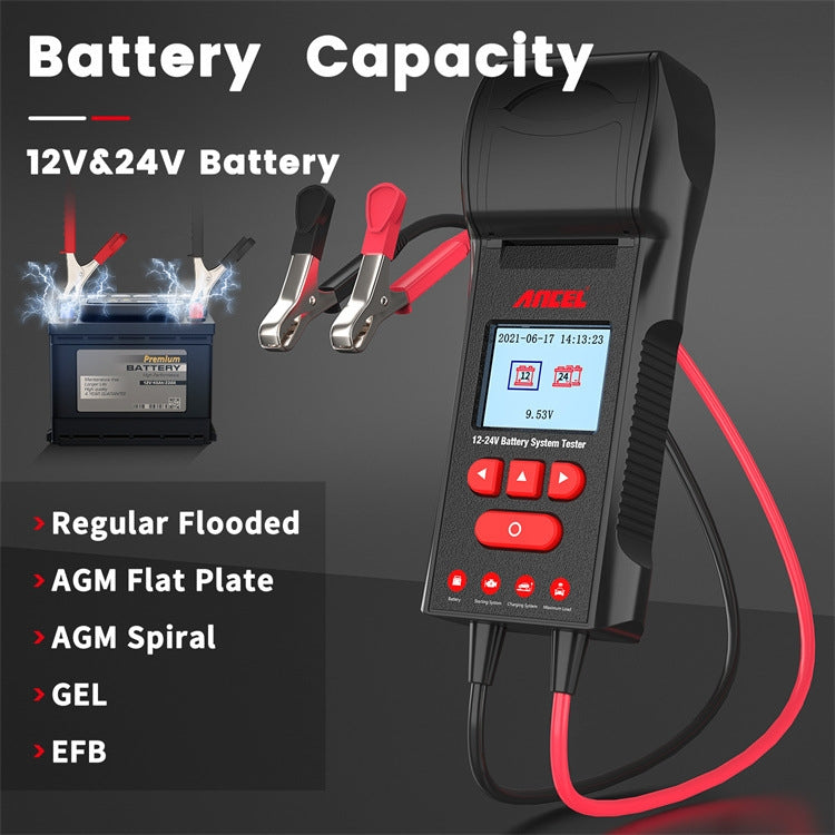 ANCEL 12V/24V Printer-Type Car Battery Tester Battery Power CCA Internal Resistance Life Detector - BST600