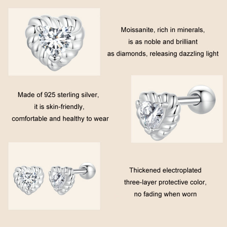 S925 Sterling Silver Threaded Shining Moissanite Heart Earrings - MSE052