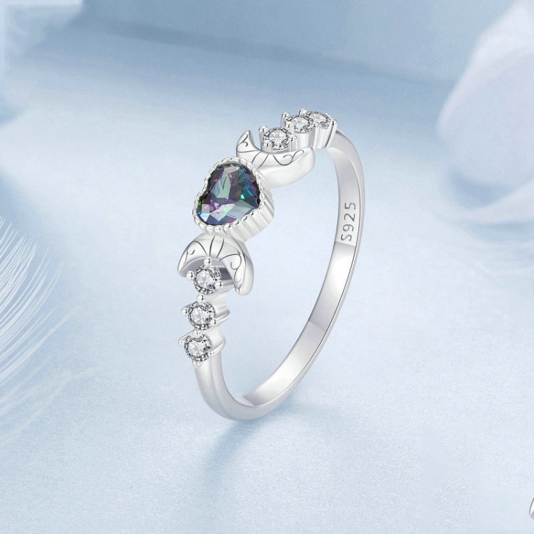 S925 Sterling Silver With Platinum-plated Vintage Heart-shaped Crescent Ring, Size: No.7