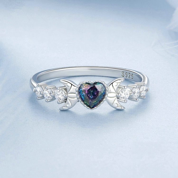S925 Sterling Silver With Platinum-plated Vintage Heart-shaped Crescent Ring, Size: No.7