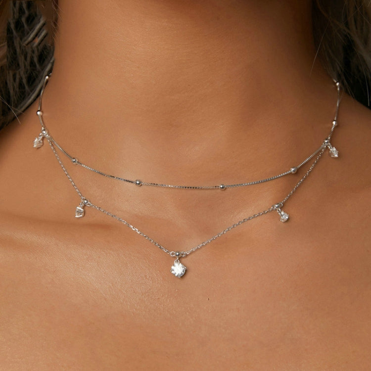 S925 Sterling Silver Platinum-plated Tassel Moissanite Double-layer Necklace - MSN034