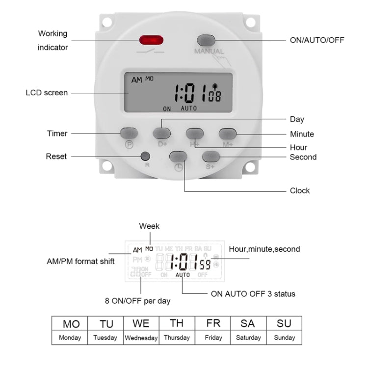 SINOTIMER CN101S-110V 1 Second Interval Digital LCD Timer Switch 7 Days Weekly Programmable Time Relay
