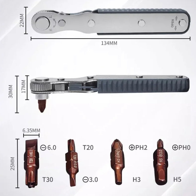 36-Tooth Bi-Directional Ratcheting Screwdriver Set With 4 Double-Ended Bits - Gray