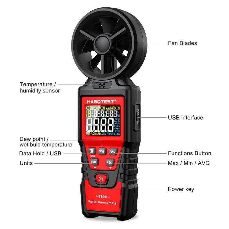 HABOTEST Handheld High-Precision Digital Anemometer With USB - HT625B