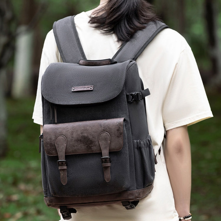 Cwatcun D128 Vintage Shoulder Backpack Split Compartment Large Capacity Splashproof Photography Bag, Color: Medium Black
