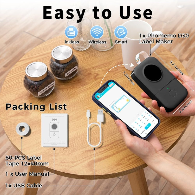 Phomemo D30 Thermal Label Printer Portable Bluetooth Mini Label Maker Machine With 5 Rolls Paper White