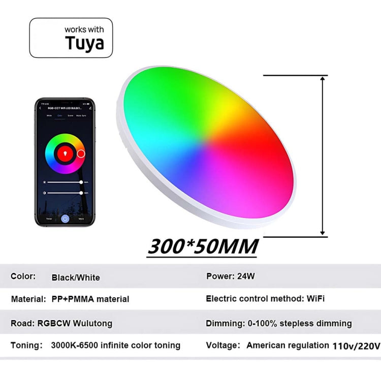 24W 30cm RGBCW Full Color Smart WiFi Tuya Ceiling Light with Remote Control  - Black