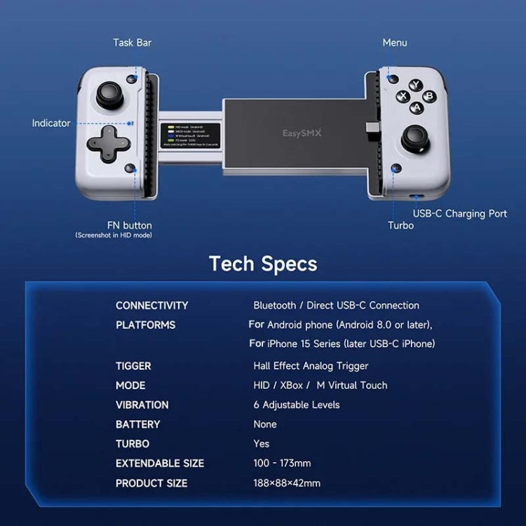 EasySMX M05 Mobile Gaming Controller For Type-C Mobile Phones And IPhone 15 Series With Hall Trigger - Black White
