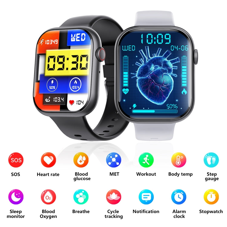 F70  2.1 Inch Screen Smart Watch With Blood Sugar/Blood Oxygen Monitoring /SOS Alarm/100+ Sports Modes, Color: Black Silicone