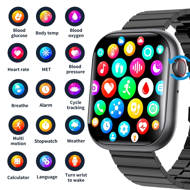 F70  2.1 Inch Screen Smart Watch With Blood Sugar/Blood Oxygen Monitoring /SOS Alarm/100+ Sports Modes, Color: Black Milan