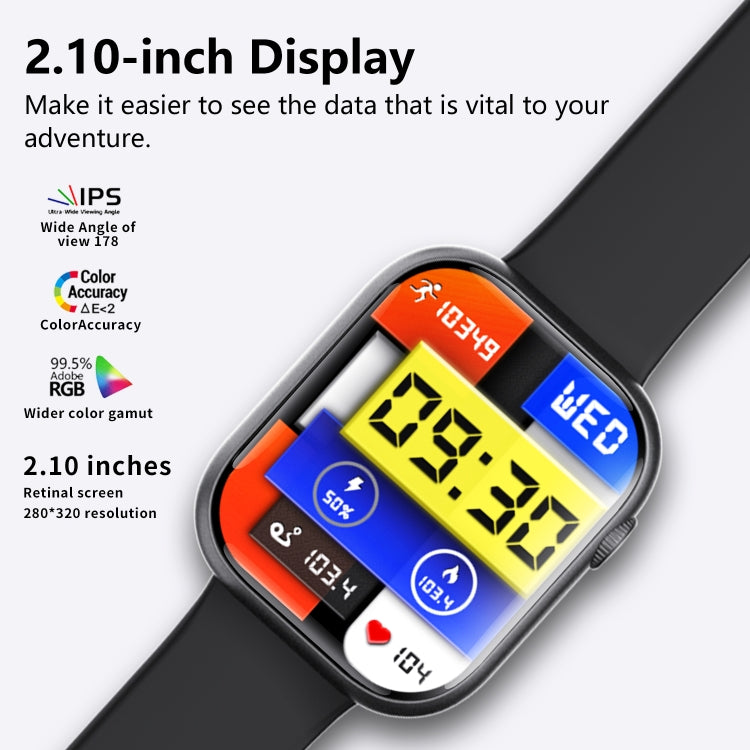 F70  2.1 Inch Screen Smart Watch With Blood Sugar/Blood Oxygen Monitoring /SOS Alarm/100+ Sports Modes, Color: Black Silicone