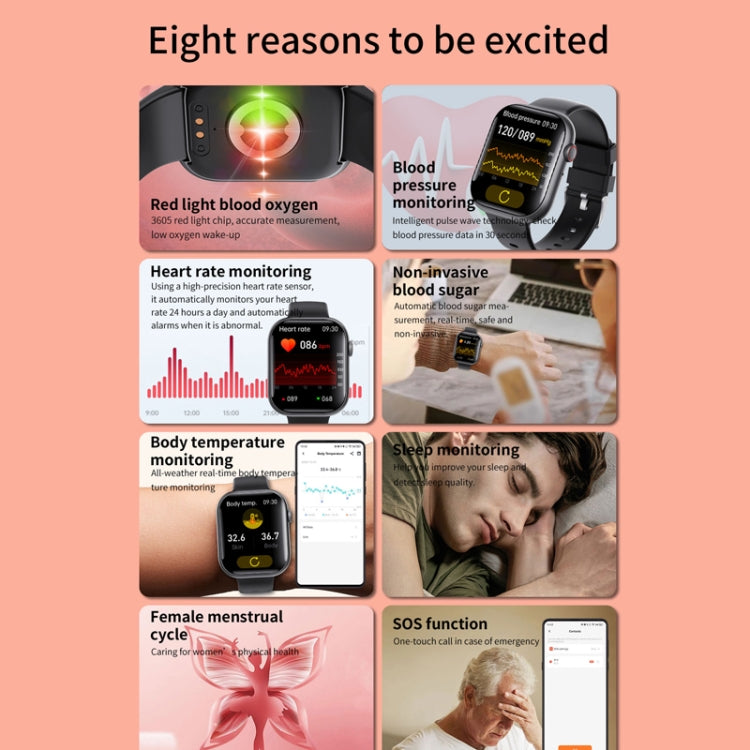 F70  2.1 Inch Screen Smart Watch With Blood Sugar/Blood Oxygen Monitoring /SOS Alarm/100+ Sports Modes, Color: Black Leather