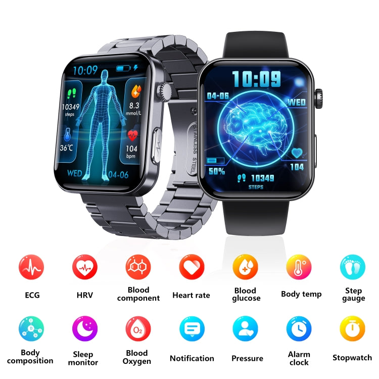 F300  2.1-Inch Screen Smart Watch Supports Bluetooth Calls/ECG/Blood Composition Analysis/50+ Sports Modes, Color: Black 3-Beads Steel