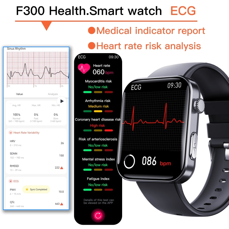 F300  2.1-Inch Screen Smart Watch Supports Bluetooth Calls/ECG/Blood Composition Analysis/50+ Sports Modes, Color: Black Pink Silicone