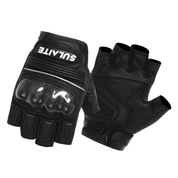 SULAITE Motorcycle Sheepskin Carbon Fiber Breathable Half-finger Riding Gloves, Size: L - Black