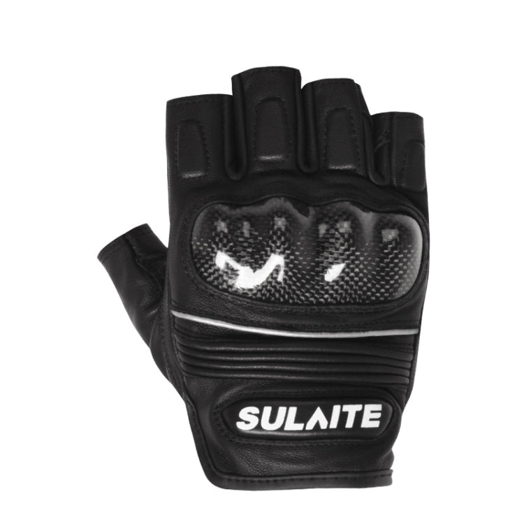 SULAITE Motorcycle Sheepskin Carbon Fiber Breathable Half-finger Riding Gloves, Size: L - Black