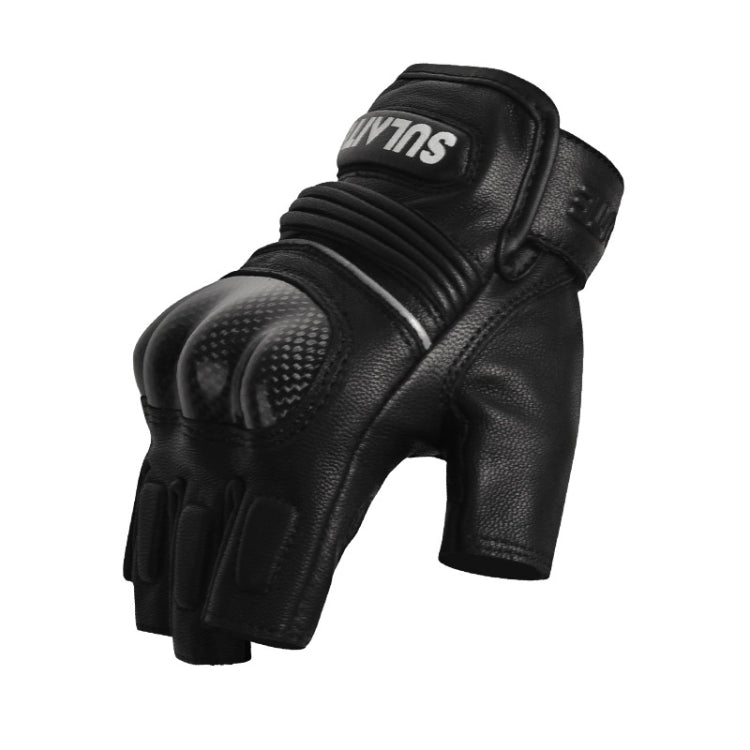 SULAITE Motorcycle Sheepskin Carbon Fiber Breathable Half-finger Riding Gloves, Size: L - Black